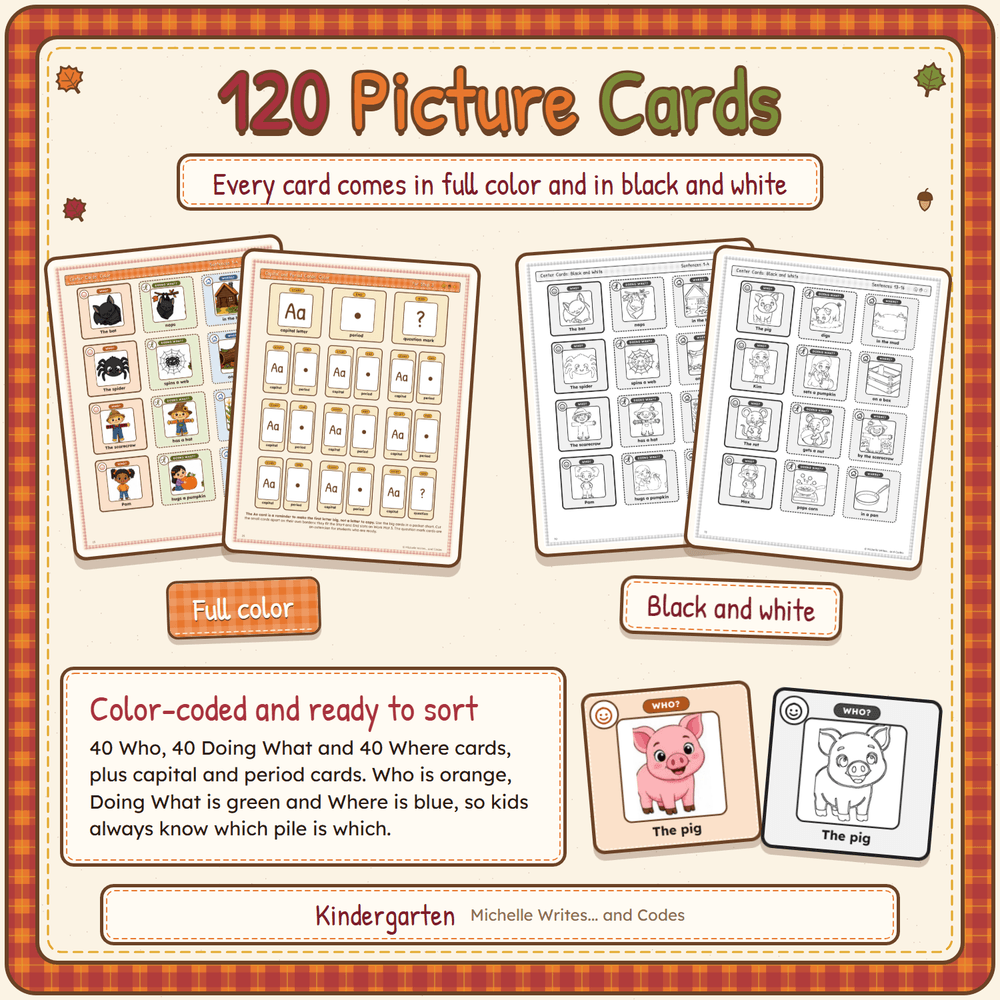 120 picture cards in full color and in black and white, color coded by Who, Doing What, and Where.