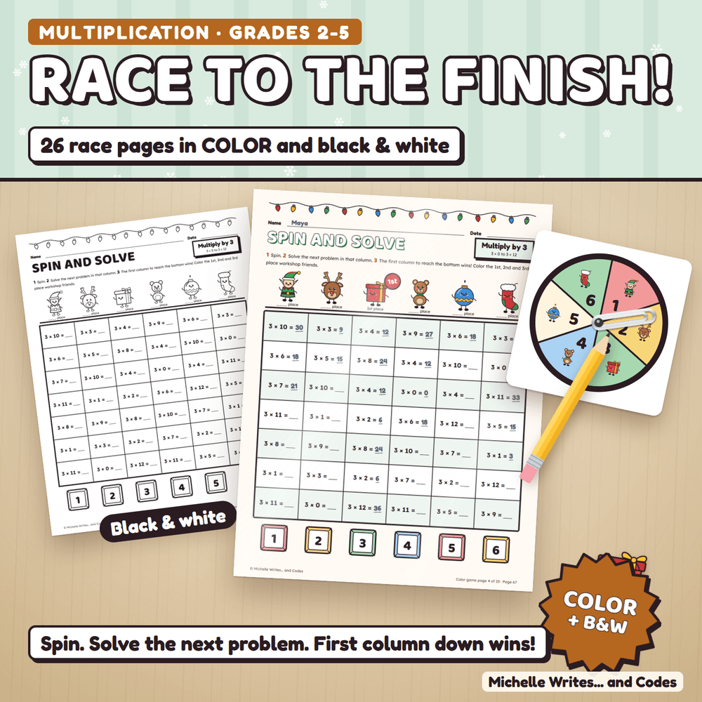 Race to the finish: a color multiplication game page with answers filled in and the 1st place workshop friend crowned, beside the black and white version and a spinner. 26 race pages in color and black and white.