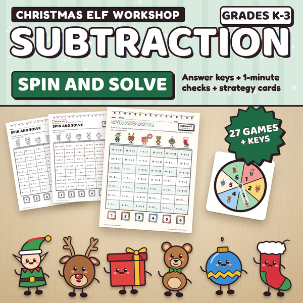 Christmas Elf Workshop Subtraction Spin and Solve, Grades K to 3: a color game page being played on a desk next to a black and white page, its answer key, and a paper clip spinner, with the Christmas characters lined up in front. 27 games plus keys.