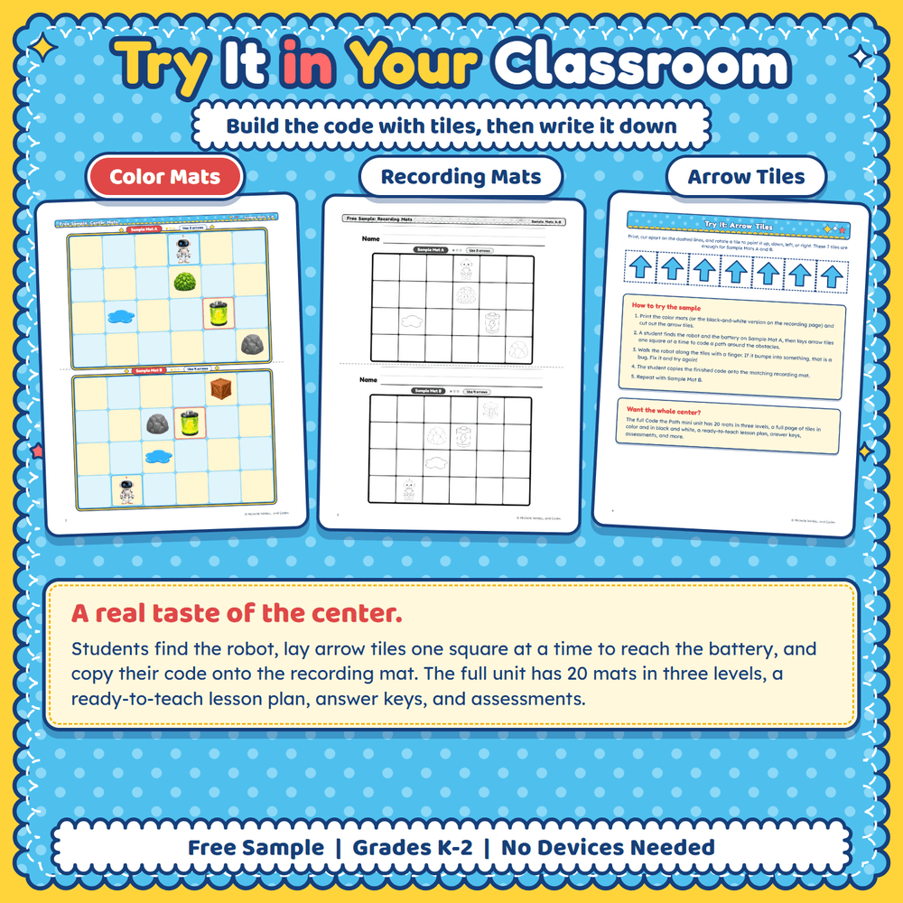 Try it in your classroom: a color mat, its matching recording mat, and the arrow tiles.
