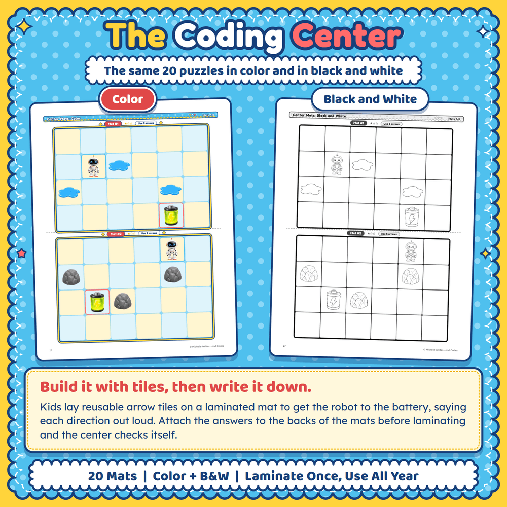 The coding center: the same robot path puzzle shown in color and in black and white.