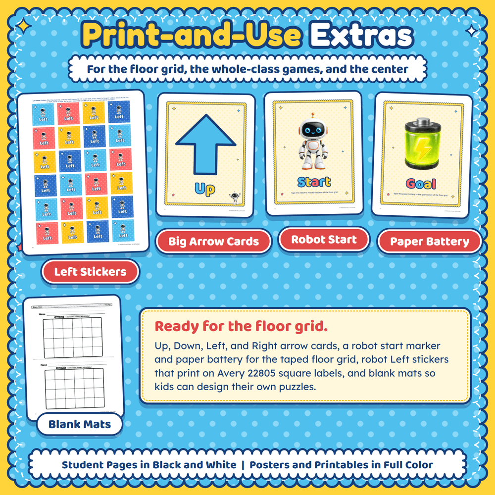 Print-and-use extras: Left stickers, big arrow cards, the robot start marker, and the paper battery.