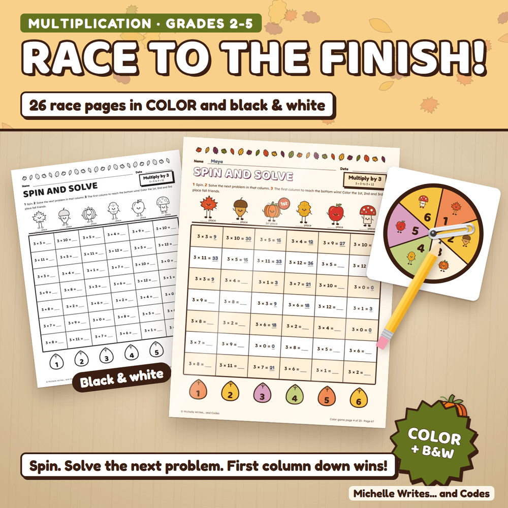 Race to the finish: a color multiplication game page with answers filled in and the 1st place fall friend crowned, beside the black and white version and a spinner. 26 race pages in color and black and white.