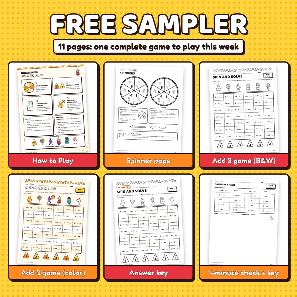 In the free sampler: How to Play, the spinner page, the Add 3 game in black and white and in color, the answer key, and a 1-minute check.