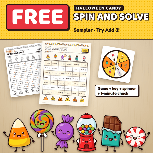 FREE Halloween Candy Spin and Solve Sampler: a color Add 3 game page being played on a desk next to its answer key and a paper clip spinner.