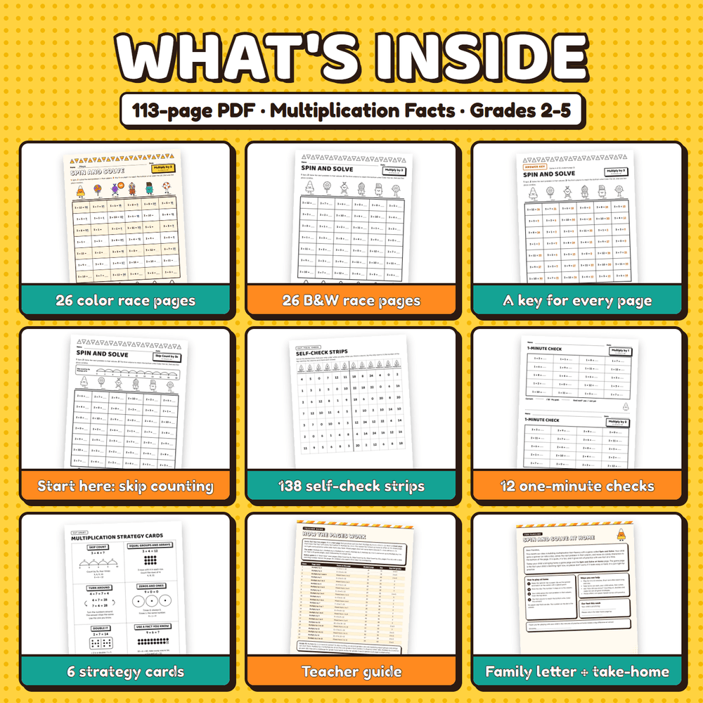 What is inside the 113-page PDF: color and black and white race pages, an answer key for every page, start here pages, self-check strips, 12 one-minute checks, strategy cards, a teacher guide, and a family letter.