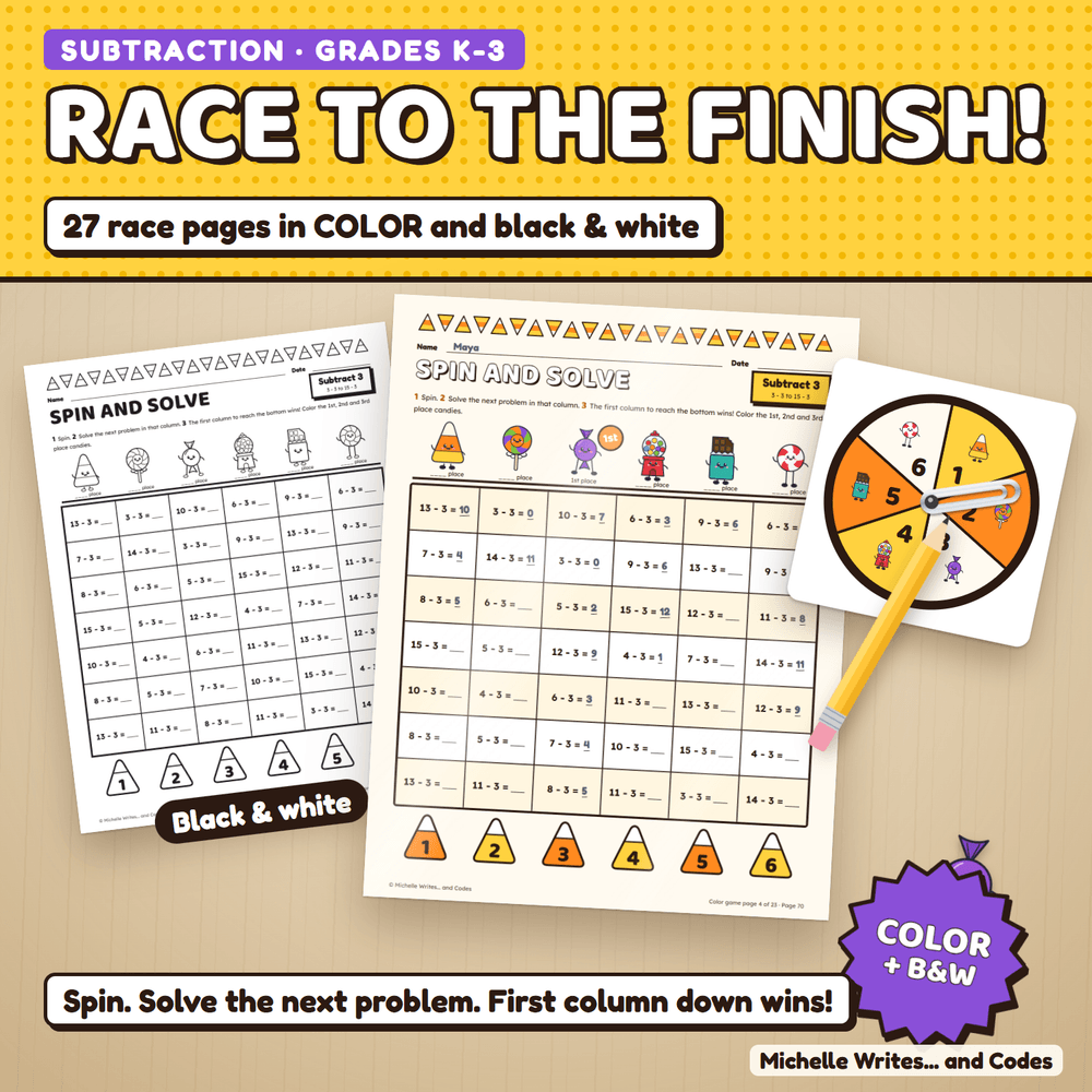Race to the finish: a color subtraction game page with answers filled in and the 1st place candy crowned, beside the black and white version and a spinner. 27 race pages in color and black and white.