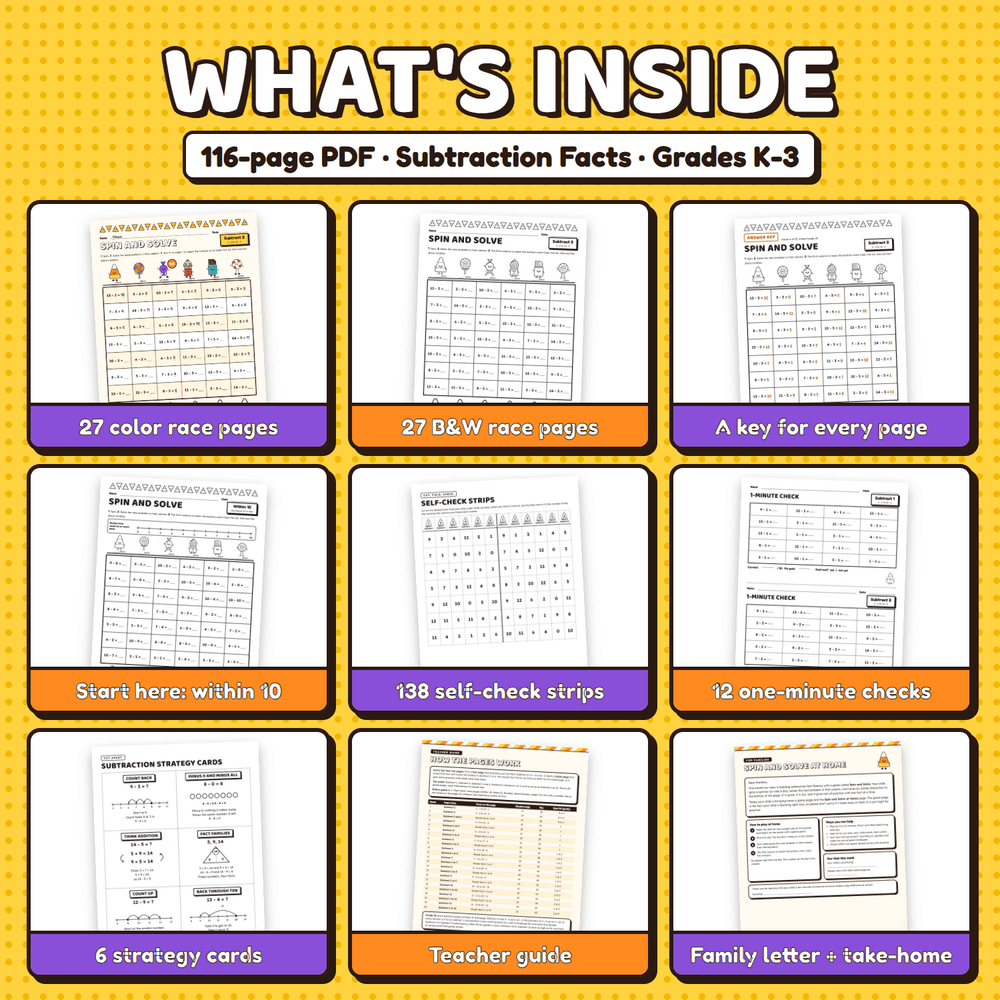 What is inside the 116-page PDF: color and black and white race pages, an answer key for every page, start here pages, self-check strips, 12 one-minute checks, strategy cards, a teacher guide, and a family letter.
