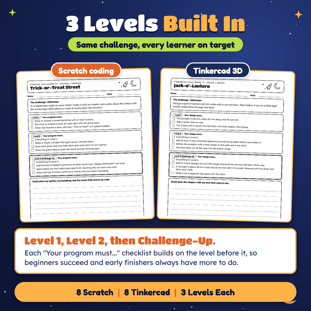 3 levels built in: the Trick-or-Treat Street Scratch page and the Jack-o'-Lantern Tinkercad page.