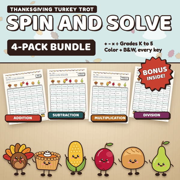 Thanksgiving Turkey Trot Spin and Solve 4-Pack Bundle, Grades K to 5: four color game pages being played on a desk, labeled Addition, Subtraction, Multiplication and Division, with a Bonus inside badge and the Thanksgiving characters in front.