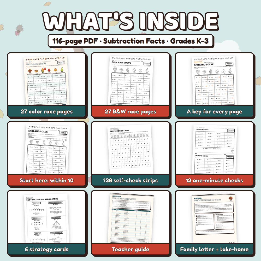 What is inside the 116-page PDF: color and black and white race pages, an answer key for every page, start here pages, self-check strips, 12 one-minute checks, strategy cards, a teacher guide, and a family letter.